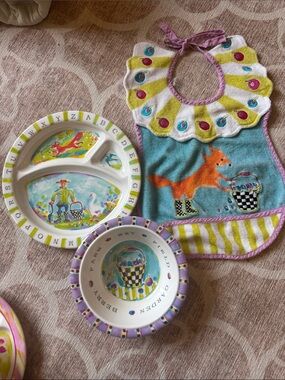Mackenzie-Childs melamine dish set and bib